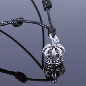 Adjustable Wax Rope Necklace with S925 Sterling Silver Royal Crown Pendant - Handmade by Gem & Silver NK046