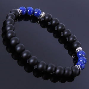 6mm Matte Black Onyx & Lapis Lazuli Healing Gemstone Bracelet with S925 Sterling Silver Spacer Beads - Handmade by Gem & Silver BR223