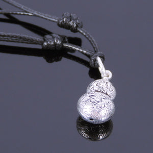 Adjustable Wax Rope Necklace with S925 Sterling Silver Good Luck Calabash Gourd Pendant - Handmade by Gem & Silver NK042