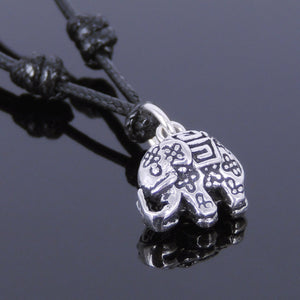 Adjustable Wax Rope Necklace with S925 Sterling Silver Vintage Pattern Elephant Pendant - Handmade by Gem & Silver NK045