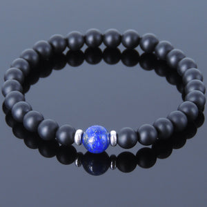 Lapis Lazuli & Matte Black Onyx Healing Gemstone Bracelet with S925 Sterling Silver Spacers - Handmade by Gem & Silver BR516