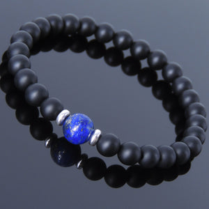 Lapis Lazuli & Matte Black Onyx Healing Gemstone Bracelet with S925 Sterling Silver Spacers - Handmade by Gem & Silver BR516