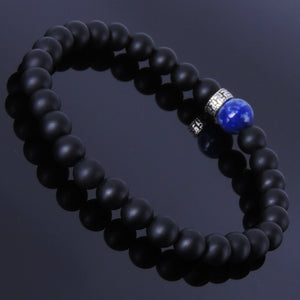 Matte Black Onyx & Lapis Lazuli Healing Gemstone Bracelet with S925 Sterling Silver Buddhist Protection Spacer Bead - Handmade by Gem & Silver BR193