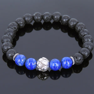 8mm Lapis Lazuli & Lava Rock Healing Stone Bracelet with Tibetan Silver Lotus Bead & Spacers - Handmade by Gem & Silver TSB082