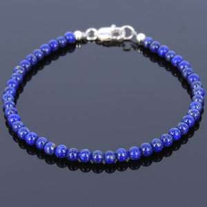 3mm Lapis Lazuli Healing Gemstone Anklet with S925 Sterling Silver Spacer Beads & Clasp - Handmade by Gem & Silver AN024