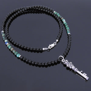 4mm Chrysocolla & Bright Black Onyx Healing Gemstone Necklace with S925 Sterling Silver Royal Crown Key Pendant & Clasp - Handmade by Gem & Silver NK053