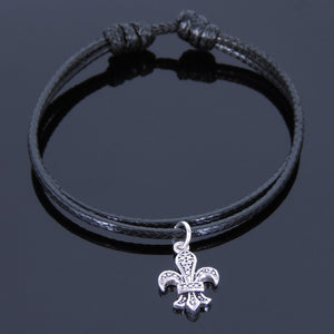 Adjustable Wax Rope Bracelet with S925 Sterling Silver Vintage Fleur de Lis Pendant - Handmade by Gem & Silver BR523