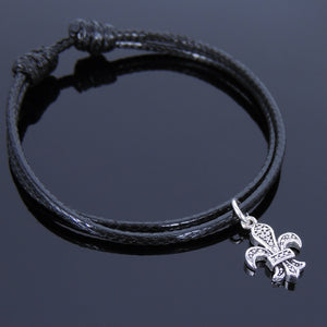Adjustable Wax Rope Bracelet with S925 Sterling Silver Vintage Fleur de Lis Pendant - Handmade by Gem & Silver BR523