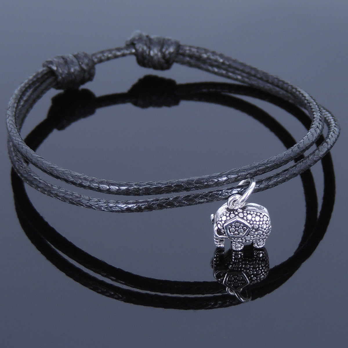 Adjustable Wax Rope Bracelet with S925 Sterling Silver Vintage Elephant Pendant for Positive Healing Energy - Handmade by Gem & Silver BR524
