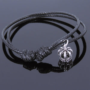 Adjustable Wax Rope Bracelet with S925 Sterling Silver Vintage Crown Pendant - Handmade by Gem & Silver BR526