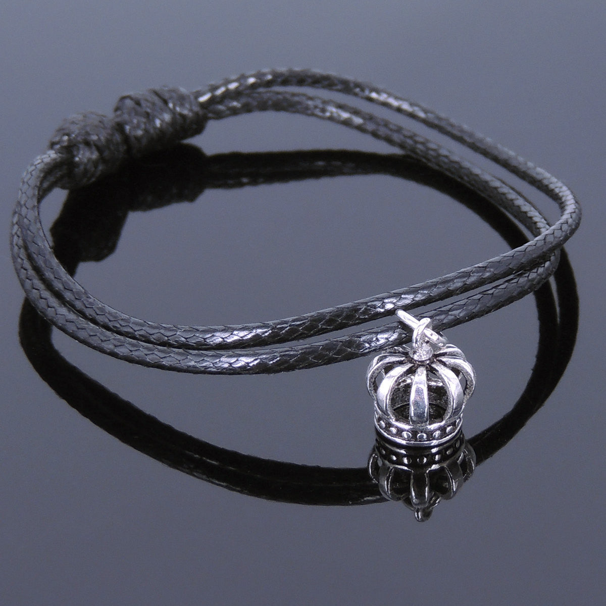 Adjustable Wax Rope Bracelet with S925 Sterling Silver Vintage Crown Pendant - Handmade by Gem & Silver BR526