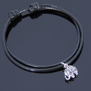 Adjustable Wax Rope Bracelet with S925 Sterling Silver Vintage Elephant Pendant - Handmade by Gem & Silver BR525