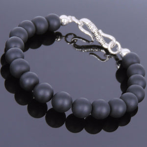 8mm Matte Black Onyx Healing Gemstone Bracelet with S925 Sterling Silver Spacer Beads & S-Hook Clasp - Handmade by Gem & Silver BR531