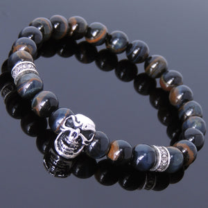8mm Rare Mixed Blue Tiger Eye Healing Gemstone Bracelet with S925 Sterling Silver Skull Charm & Celtic Cross Spacers - Handmade by Gem & Silver BR538