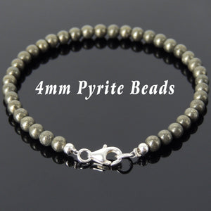 4mm Gold Pyrite Healing Gemstone Bracelet with S925 Sterling Silver Spacer Beads & Clasp - Handmade by Gem & Silver BR540