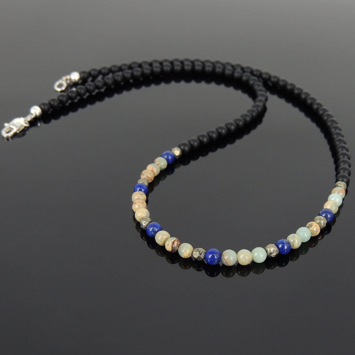 4mm Matte Black Onyx, Jasper Stone, Lapis Lazuli, & Faceted Gold Pyrite Healing Gemstone Necklace with S925 Sterling Silver Spacer Beads & Clasp - Handmade by Gem & Silver NK058