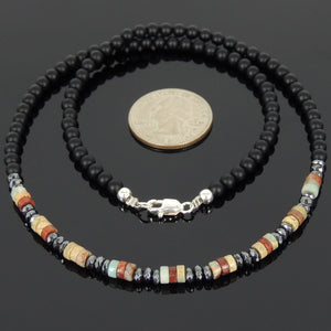 Jasper Stone, Matte Black Onyx, & Faceted Hematite Healing Gemstone Necklace with S925 Sterling Silver Spacer Beads & S-hook Clasp - Handmade by Gem & Silver NK059