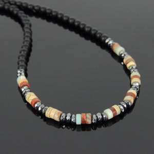 Jasper Stone, Matte Black Onyx, & Faceted Hematite Healing Gemstone Necklace with S925 Sterling Silver Spacer Beads & S-hook Clasp - Handmade by Gem & Silver NK059