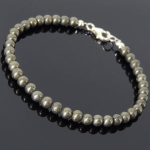 4mm Gold Pyrite Healing Gemstone Bracelet with S925 Sterling Silver Spacer Beads & Clasp - Handmade by Gem & Silver BR540