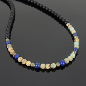 4mm Matte Black Onyx, Jasper Stone, Lapis Lazuli, & Faceted Gold Pyrite Healing Gemstone Necklace with S925 Sterling Silver Spacer Beads & Clasp - Handmade by Gem & Silver NK058