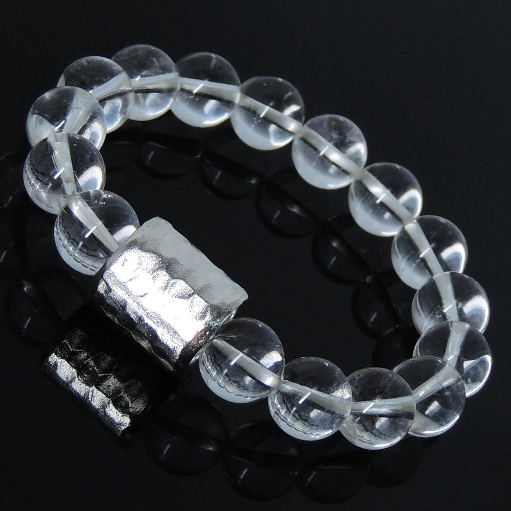 10mm White Crystal Quartz Healing Gemstone Bracelet with S925 Sterling Silver Faceted Barrel Charm - Handmade by Gem & Silver BR234