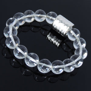 10mm White Crystal Quartz Healing Gemstone Bracelet with S925 Sterling Silver Faceted Barrel Charm - Handmade by Gem & Silver BR234