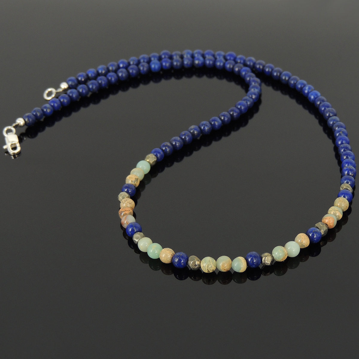 4mm Lapis Lazuli, Jasper Stone, & Faceted Gold Pyrite Healing Gemstone Necklace with S925 Sterling Silver Clasp - Handmade by Gem & Silver NK064