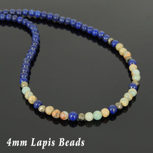 4mm Lapis Lazuli, Jasper Stone, & Faceted Gold Pyrite Healing Gemstone Necklace with S925 Sterling Silver Clasp - Handmade by Gem & Silver NK064