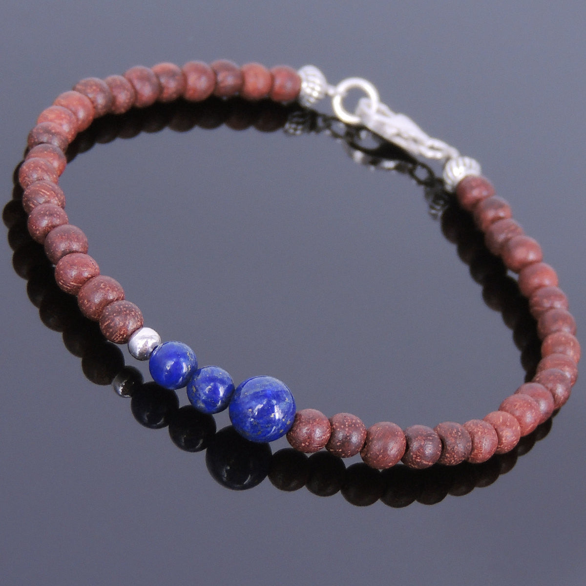 Rosewood & Lapis Lazuli Healing Gemstone Bracelet with S925 Sterling Silver Spacer Beads & Clasp BR199