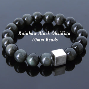 10mm Rainbow Black Obsidian Healing Gemstone Bracelet with S925 Sterling Silver Geometric Balance Cube Bead - Handmade by Gem & Silver BR568