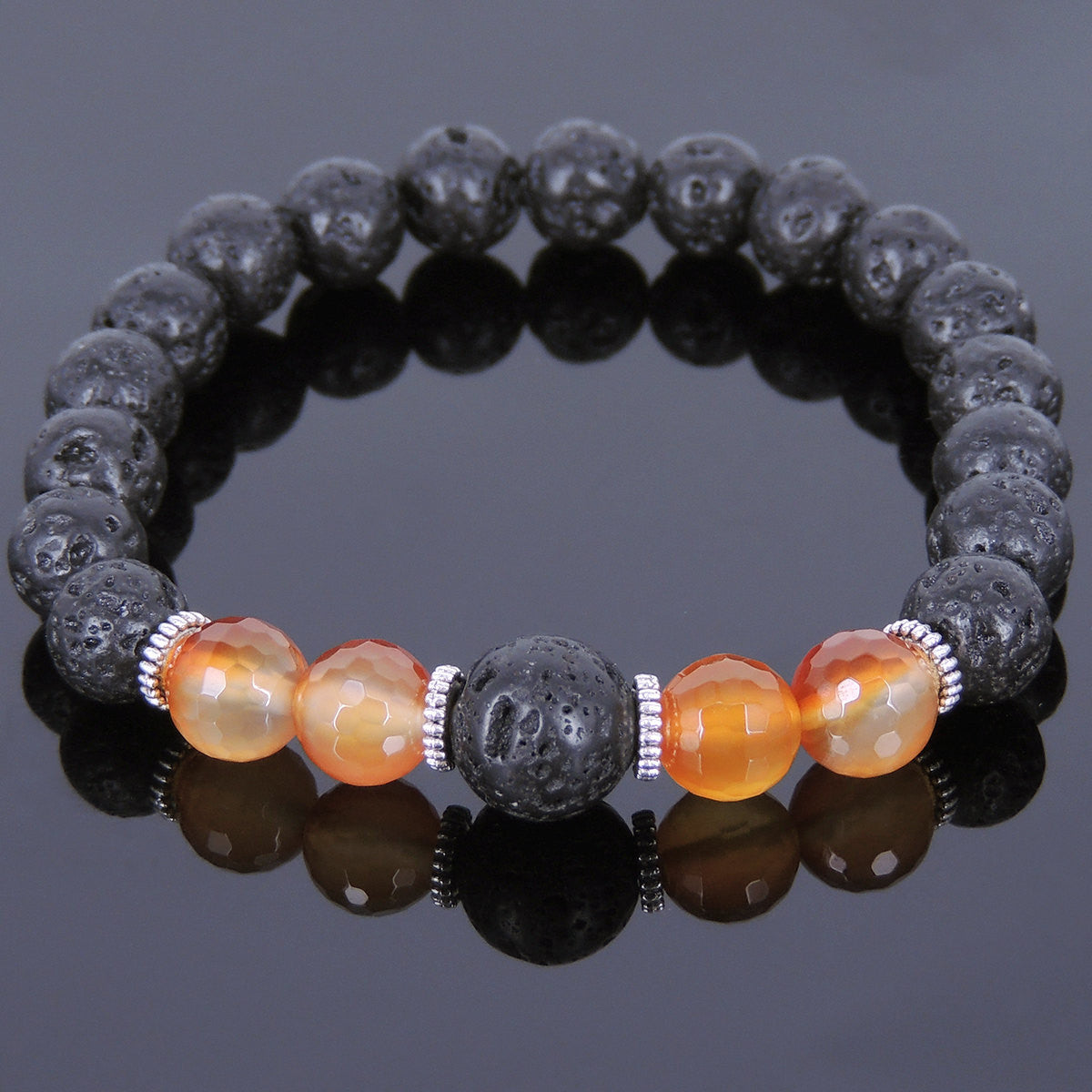 Faceted Red Carnelian & Lava Rock Healing Gemstone Bracelet with Tibetan Silver Spacers - Handmade by Gem and Silver TSB092