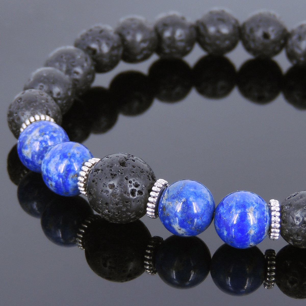 Lapis Lazuli & Lava Rock Healing Gemstone Bracelet with Tibetan Silver Spacers - Handmade by Gem & Silver TSB086