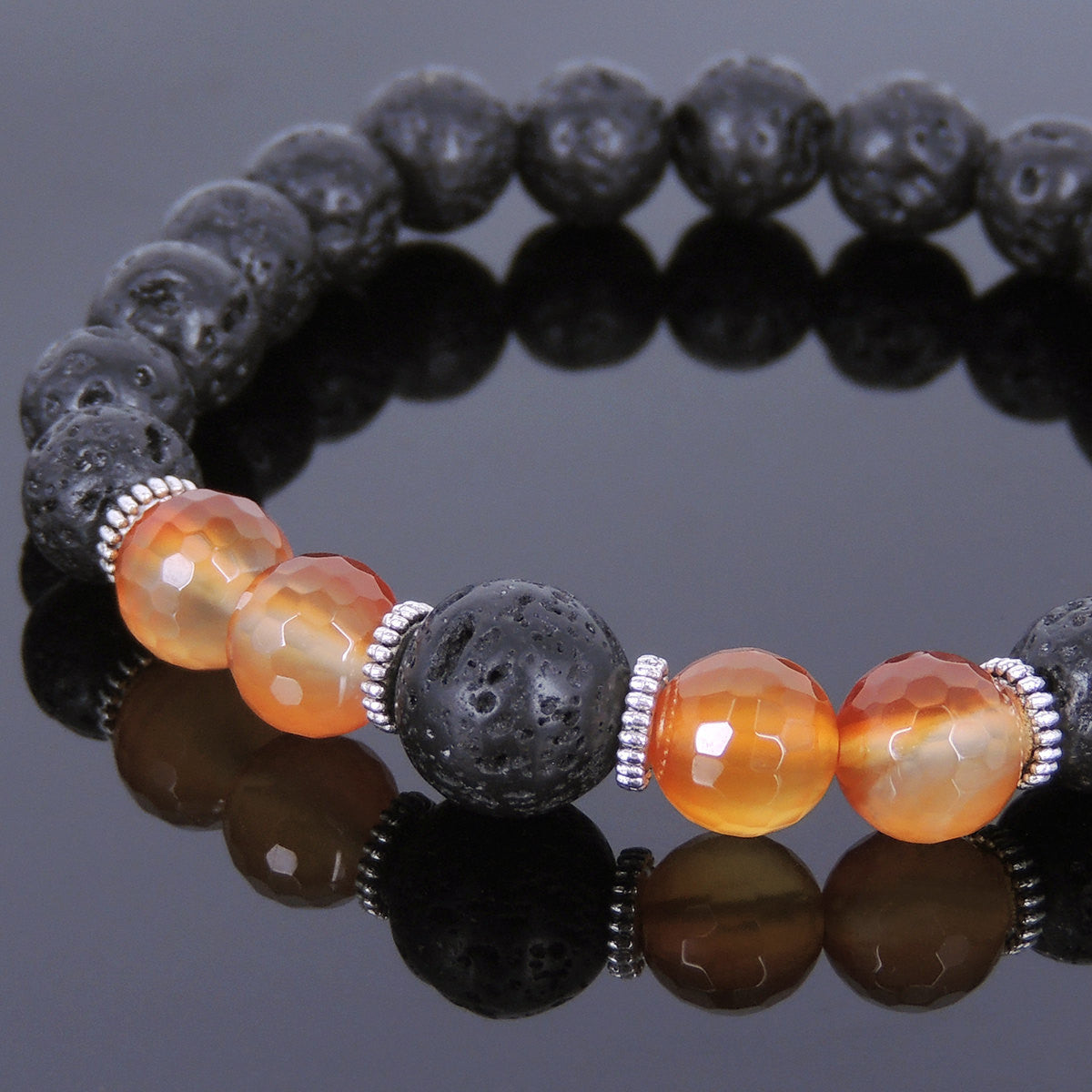 Faceted Red Carnelian & Lava Rock Healing Gemstone Bracelet with Tibetan Silver Spacers - Handmade by Gem and Silver TSB092