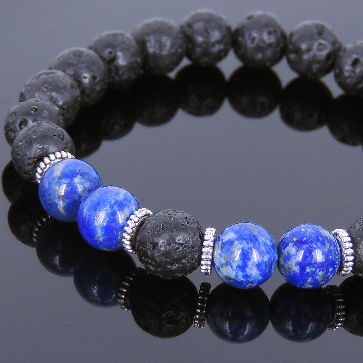 Lapis Lazuli & Lava Rock Healing Gemstone Bracelet with Tibetan Silver Spacers - Handmade by Gem & Silver TSB093