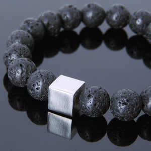10mm Lava Rock Healing Gemstone Bracelet with S925 Sterling Silver Geometric Cube Bead - Handmade by Gem & Silver BR577