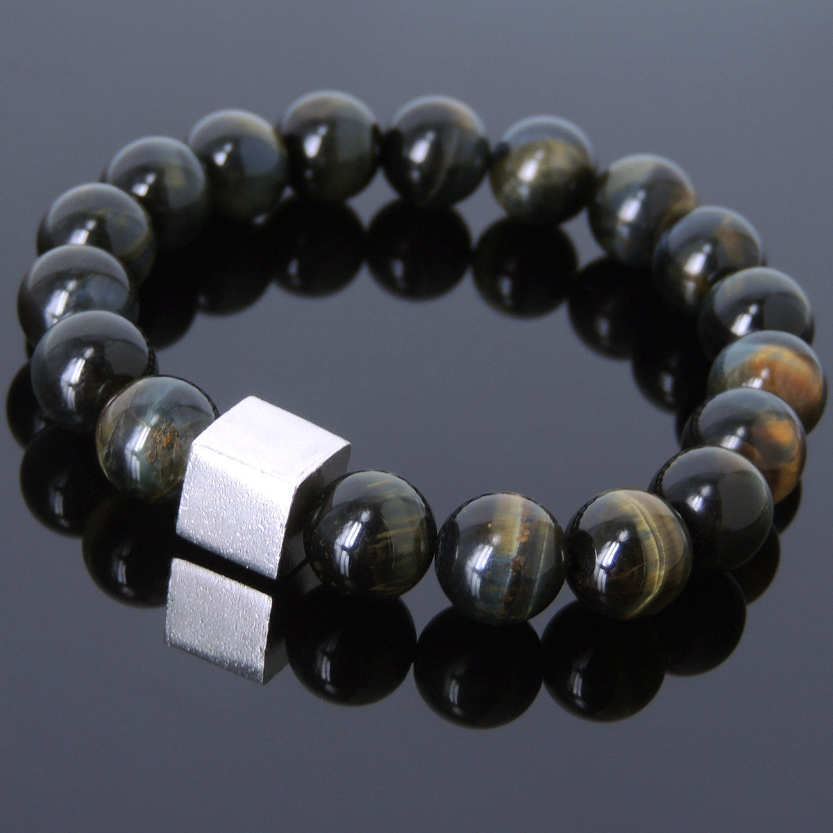 Rare Mixed Brown Blue Tiger Eye Healing Gemstone Bracelet with S925 Sterling Silver Geometric Cube Bead - Handmade by Gem & Silver BR576