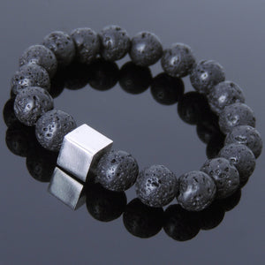 10mm Lava Rock Healing Gemstone Bracelet with S925 Sterling Silver Geometric Cube Bead - Handmade by Gem & Silver BR577