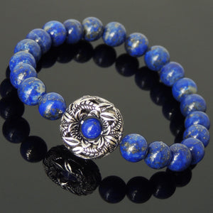 Lapis Lazuli Healing Gemstone Bracelet with S925 Sterling Silver Floral Wreath Charm - Handmade by Gem & Silver BR585