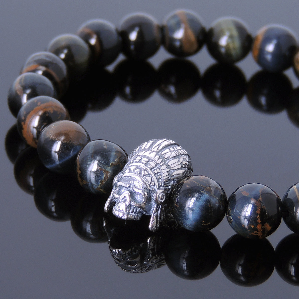 8mm Rare Mixed Blue Tiger Eye Healing Gemstone Bracelet with S925 Sterling Silver Courage Indian Skull Bead - Handmade by Gem & Silver BR586