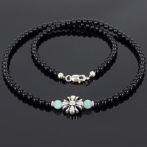 Amazonite & Bright Black Onyx Healing Gemstone Necklace with S925 Sterling Silver Cross Charm Seamless Spacer Beads & Clasp - Handmade by Gem & Silver  NK073