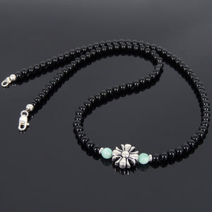 Amazonite & Bright Black Onyx Healing Gemstone Necklace with S925 Sterling Silver Cross Charm Seamless Spacer Beads & Clasp - Handmade by Gem & Silver  NK073