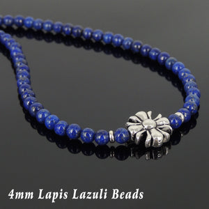 4mm Lapis Lazuli Healing Gemstone Necklace with S925 Sterling Silver Cross Charm Spacer Beads & Clasp - Handmade by Gem & Silver NK074