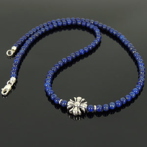 4mm Lapis Lazuli Healing Gemstone Necklace with S925 Sterling Silver Cross Charm Spacer Beads & Clasp - Handmade by Gem & Silver NK074