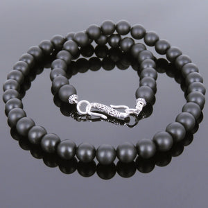 8mm Matte Black Onyx Healing Gemstone Necklace with S925 Sterling Silver Spacers & S-Hook Clasp - Handmade by Gem & Silver NK078