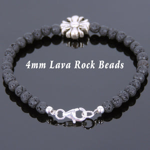 4mm Lava Rock Healing Gemstone Bracelet with S925 Sterling Silver Cross Charm Spacers & Clasp - Handmade by Gem & Silver BR598