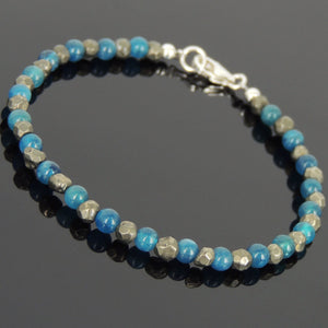 4mm Apatite & Faceted Gold Pyrite Healing Gemstone Bracelet with S925 Sterling Silver Beads & Clasp - Handmade by Gem & Silver BR601