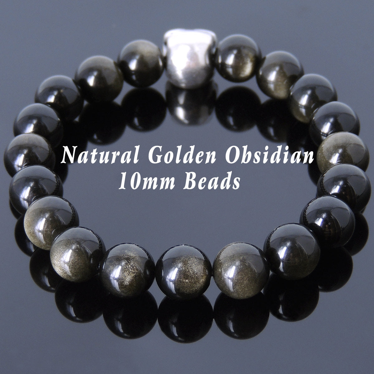 10mm Golden Obsidian Healing Gemstone Bracelet with S925 Sterling Silver Skull Protection Charm - Handmade by Gem & Silver BR604