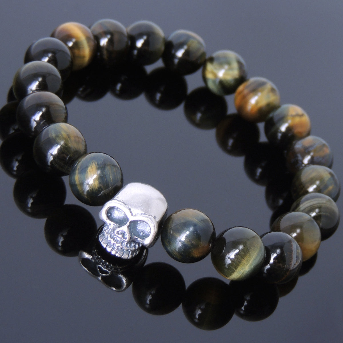 10mm Brown Blue Tiger Eye Healing Gemstone Bracelet with S925 Sterling Silver Protection Skull Charm - Handmade by Gem & Silver BR605