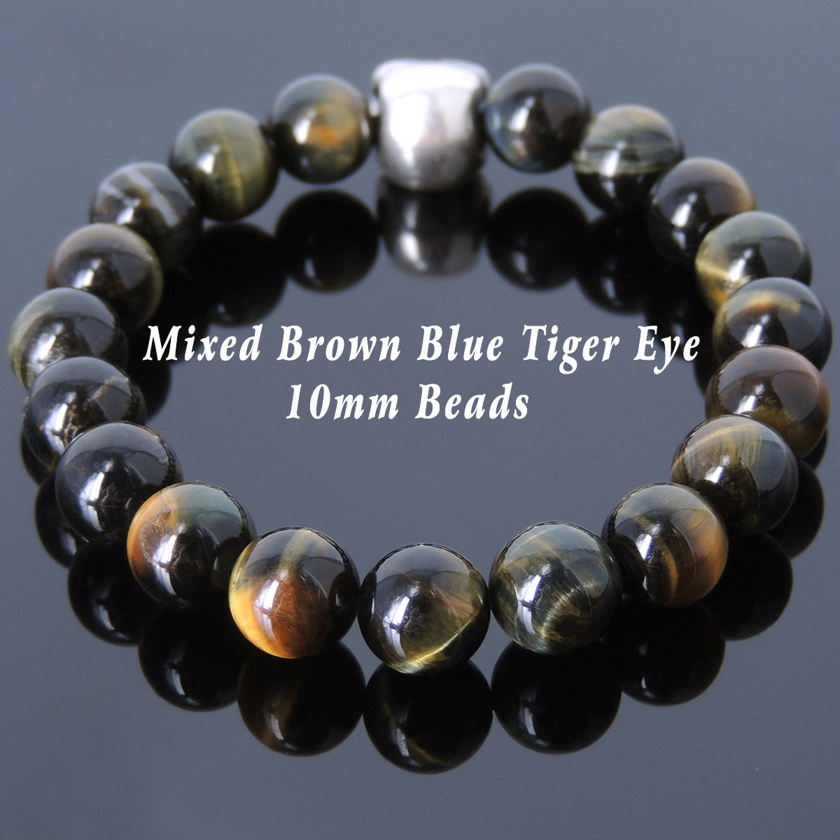 10mm Brown Blue Tiger Eye Healing Gemstone Bracelet with S925 Sterling Silver Protection Skull Charm - Handmade by Gem & Silver BR605