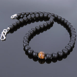 Tiger Eye & Matte Black Onyx Healing Gemstone Necklace with S925 Sterling Silver Beads Spacers & S-Hook Clasp - Handmade by Gem & Silver NK079